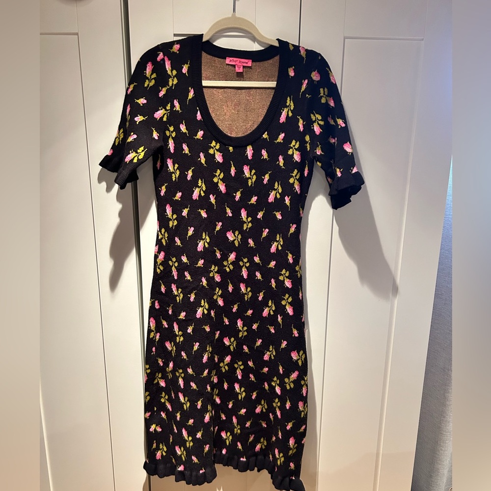 Betsey Johnson retro vintage style rose pattern knit sweater dress